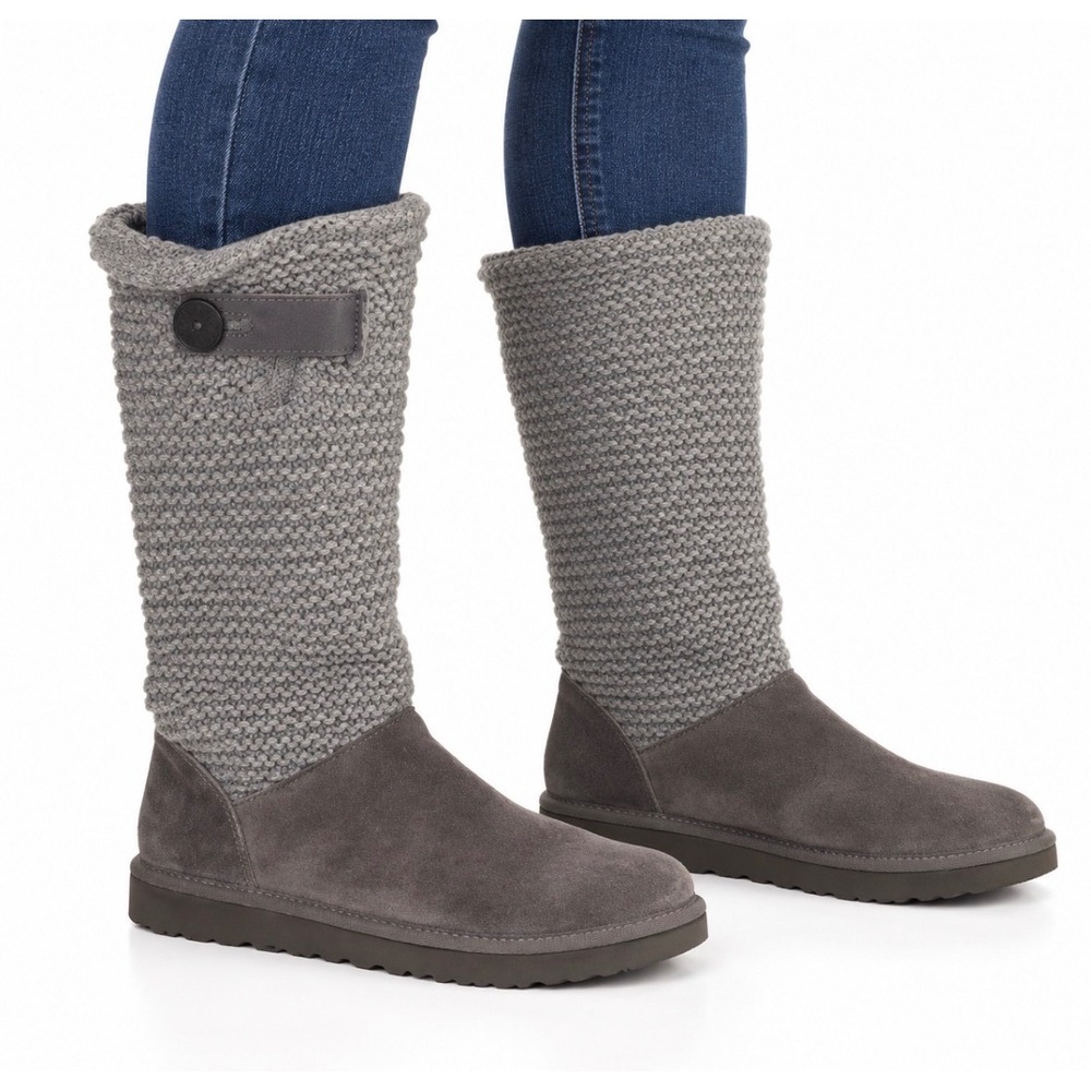 UGG Shaina Boots Womens 9 Gray Suede Knit Tall Cuff Fold Over Winter Boots